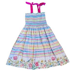 Smockingbird Girls Sz 10 Pastel Stripe Smocked Dress Floral Trim